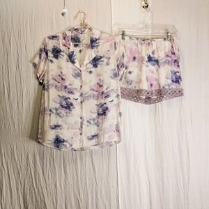 Nordstrom Pajama Set Blue & Purple Watercolor-Print Matching Set Small